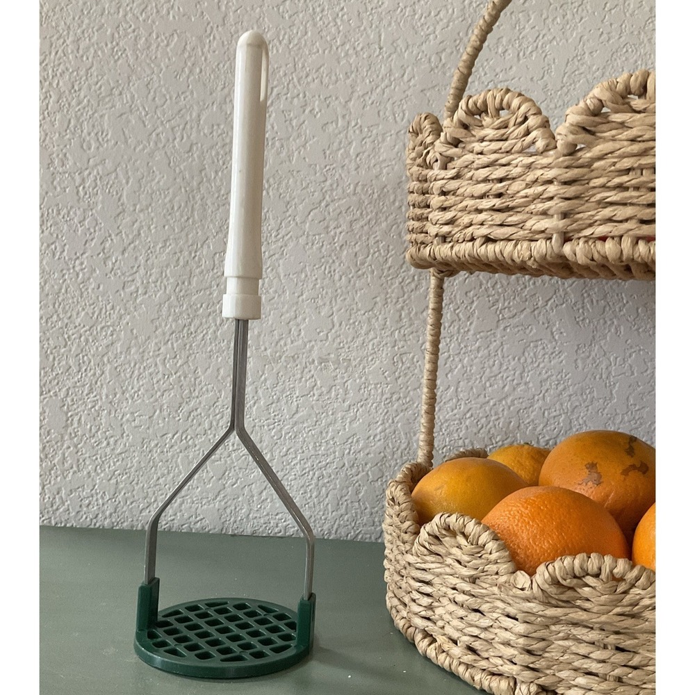 Vintage Potatoe Masher Green Base White Handle Stainless Steel